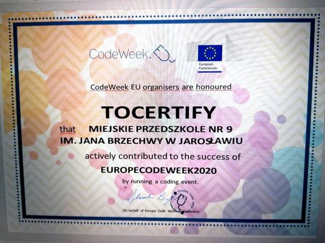 Certyfikat potwierdzający udział Miejskiego Przedszkola nr 9 w CodeWeek 2020.