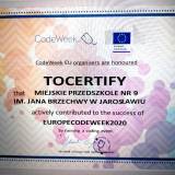 Certyfikat potwierdzający udział Miejskiego Przedszkola nr 9 w CodeWeek 2020.