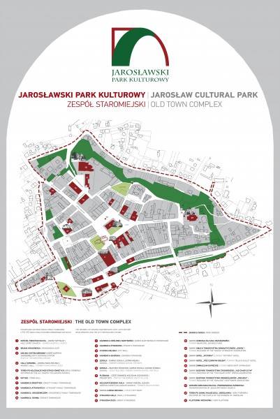 Plansza z mapą obszaru Jarosławskiego Parku Kulturowego, legendą oraz logo. Na planszy zespół staromiejski.