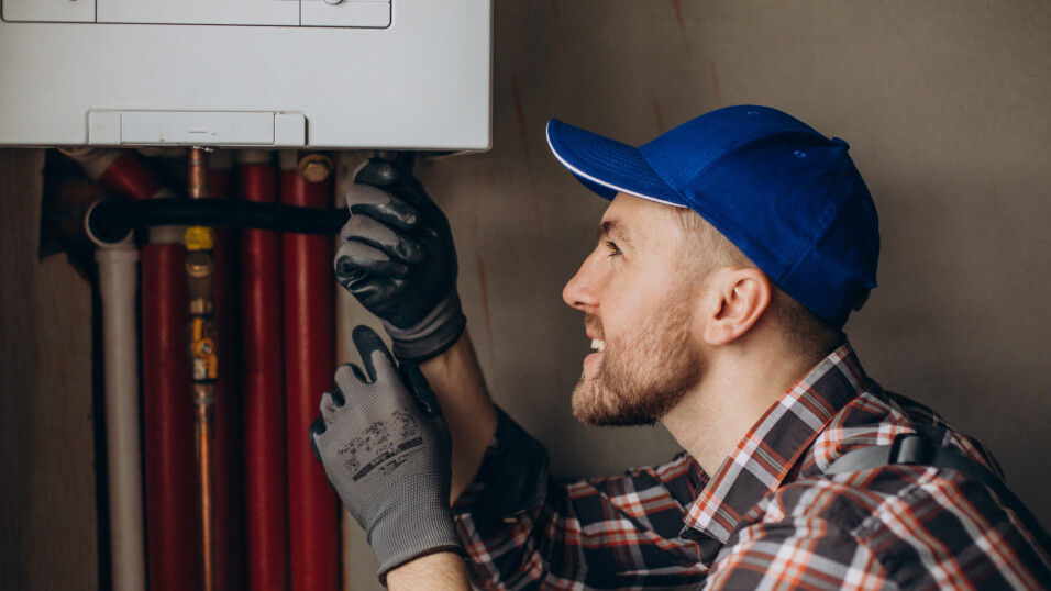Service man adjusting house heating system - Service man adjusting house heating system
