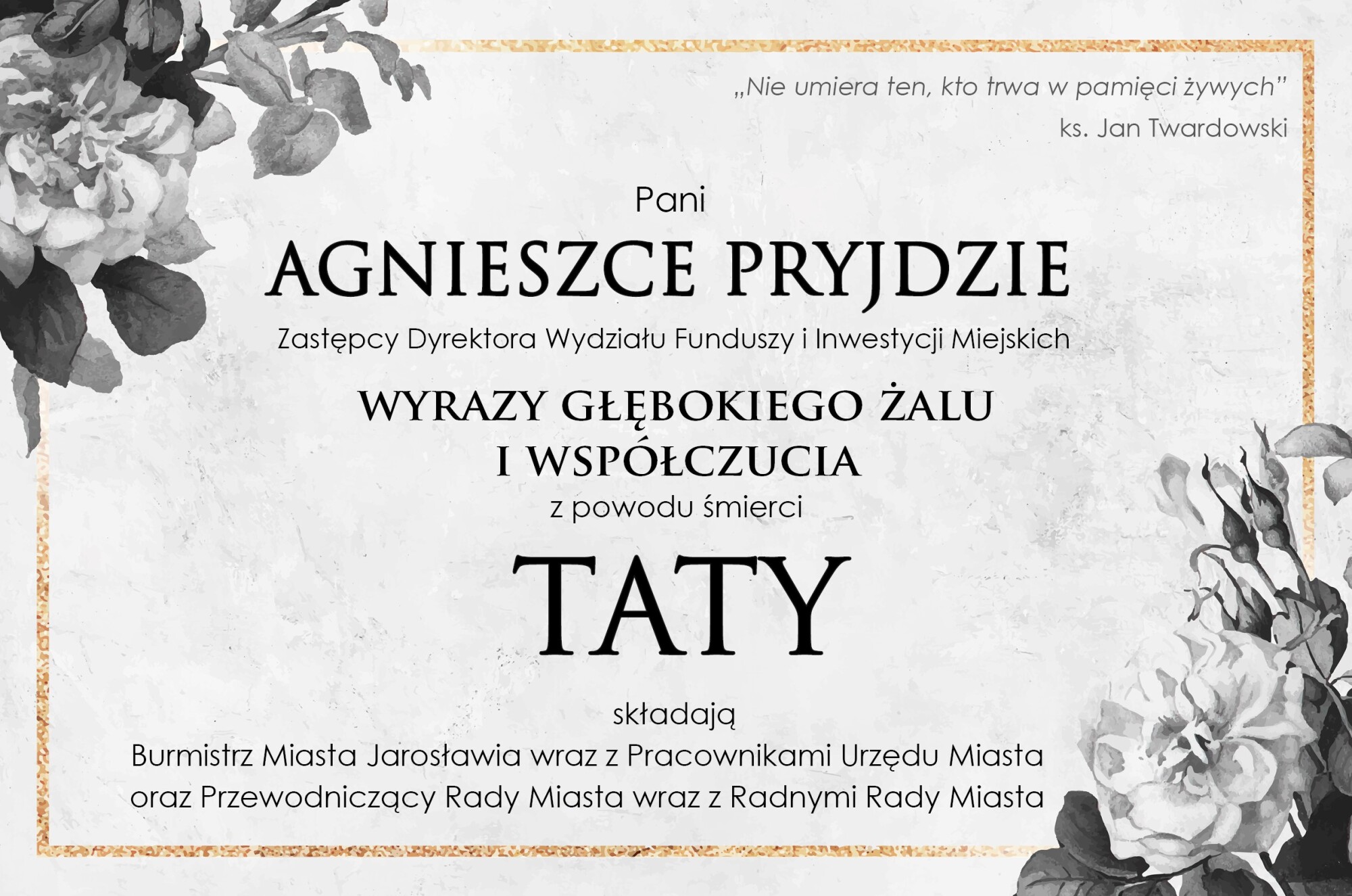 Kondolencje dla Agnieszki Pryjdy - Zastępcy Dyrektora Wydziału Funduszy i&nbsp;Inwestycji Miejskich - grafika