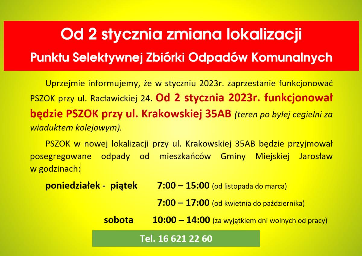 Informacja o zmianie lokalizacji punktu Selektywnej Zbiórki Odpadów Komunalnych w Jarosławiu
