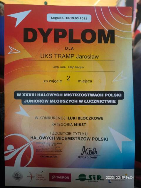 Dyplom dla UKS Tramp Jarosław za zajęcie 2 miejsca w Mistrzostwach Polski Juniorów Młodszych 