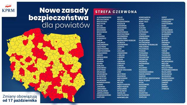 Mapa Polski z oznaczonymi powiatami w strefach żółtej i czerwonej. Obok wykaz 152 powiatów w strefie czerwonej.