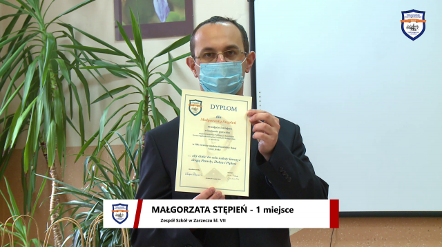 Dyplom dla Małgorzaty Stępień za zajęcie pierwszego miejsca