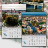Strona tytułowa kalendarza miejskiego na 2021 rok. Na górze trzy zdjęcia miasta z lotu ptaka, na dole treść: Jarosław kalendarz 2021 oraz logo miasta.