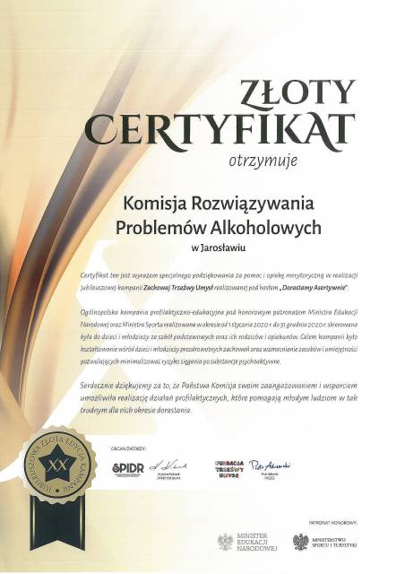 Złoty Certyfikat dla Komisji Rozwiązywania Problemów Alkoholowych w Jarosławiu