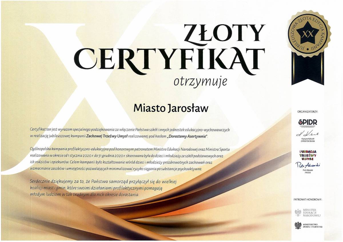 Złoty Certyfikat dla Miasta Jarosław