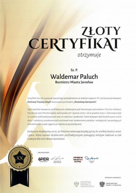 Złoty Certyfikat dla Waldemara Palucha - Burmistrza Miasta Jarosławia