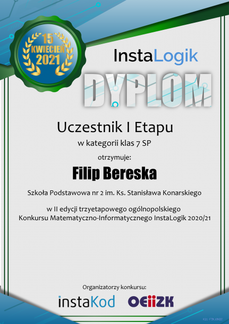 Dyplom dla uczestnika konkursu InstaLogik Filipa Bereski