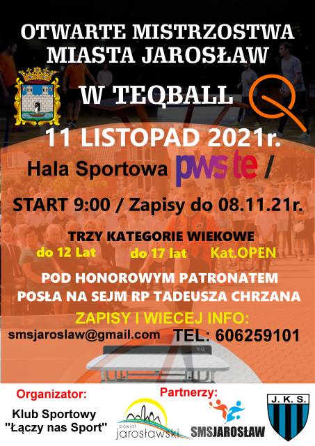 Plakat informujący o Otwartych Mistrzostwach Miasta Jarosławia w Teqball.